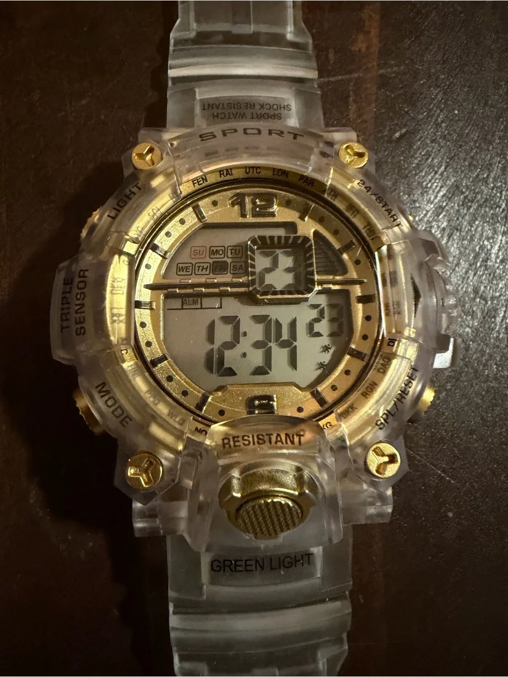 Sport Light Up Digital Utility Watch in Clear and Gold